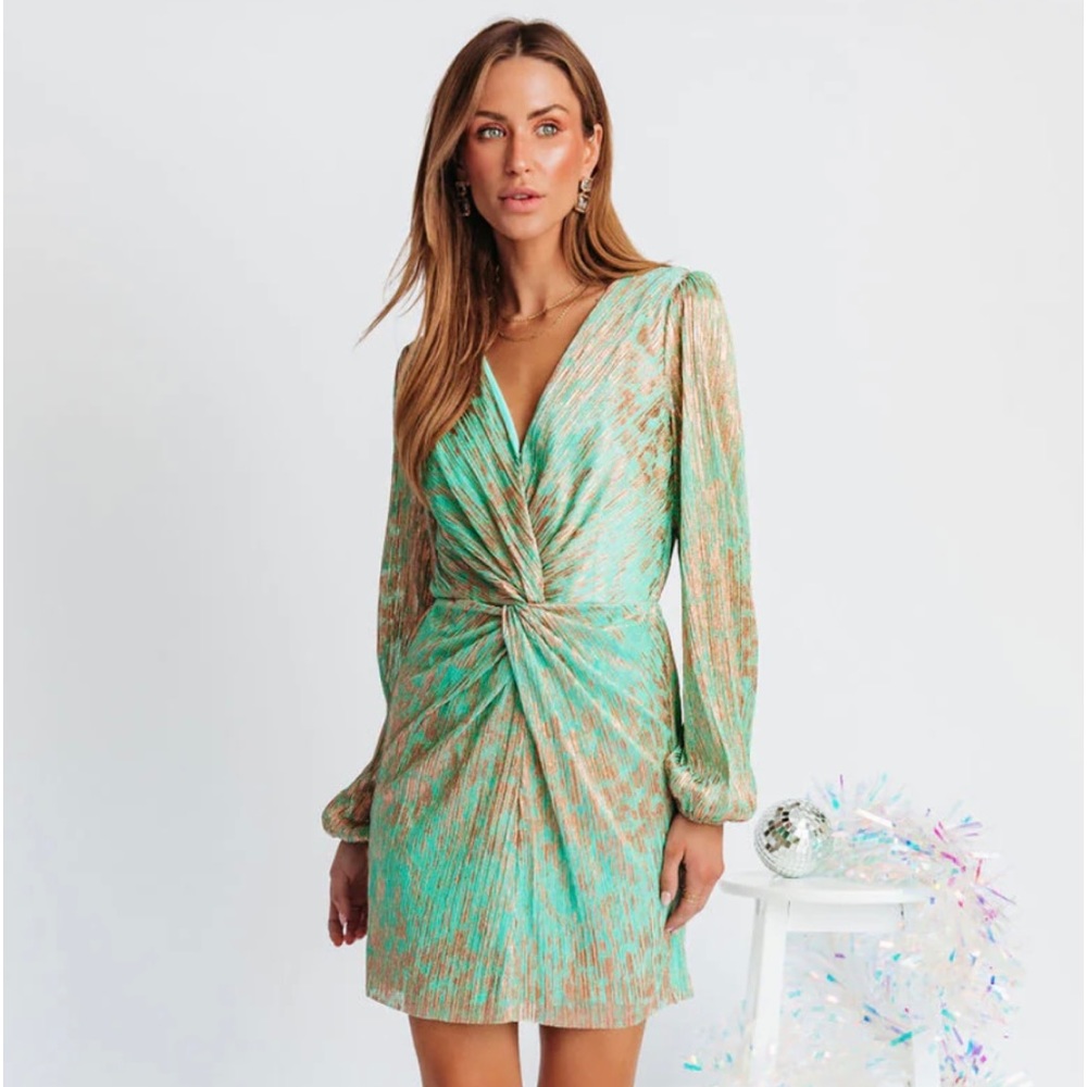 Crishelle Twisted Front Metallic Plisse Mini Dress - Mint